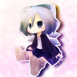 Rule 34 | 1girl, alternate costume, boots, cast a, chibi, cirno, contemporary, female focus, full body, gradient background, hair ribbon, no mouth, ribbon, short hair, sitting, solo, touhou, wings