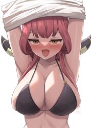 Rule 34 | 1girl, armpits, arms up, aru (blue archive), bikini, black bikini, blue archive, blush, breasts, clothes lift, collarbone, drinking, hashira 14, highres, horns, large breasts, lifting own clothes, long hair, pink hair, shirt, shirt lift, solo, sweatdrop, swimsuit, upper body, white background, white shirt, yellow eyes