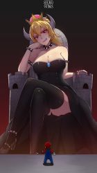Rule 34 | 1girl, anklet, armlet, artist name, bare shoulders, black dress, black thighhighs, blonde hair, bowsette, bracelet, breasts, brown hair, castle, collar, crossed legs, crown, dress, giant, giantess, gloves, hat, high heels, highres, horns, jewelry, large breasts, mario, mario (series), new super mario bros. u deluxe, nintendo, overalls, red eyes, red hat, sitting, smirk, spiked anklet, spiked armlet, spiked bracelet, spiked collar, spikes, standing, super crown, swordwaltz, thighhighs, white gloves