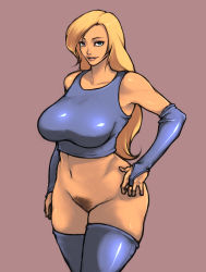 Rule 34 | 1girl, blonde hair, blue eyes, blue gloves, blue thighhighs, bottomless, breasts, bridal gauntlets, cleft of venus, crop top, curvy, elbow gloves, female pubic hair, gloves, hand on own hip, janne d&#039;arc, large breasts, lips, long hair, looking at viewer, no panties, pink background, pubic hair, pussy, rennes, simple background, smile, snk, solo, sports bra, thick thighs, thighhighs, thighs, uncensored, world heroes