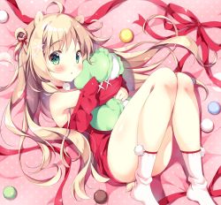 Rule 34 | 1girl, ahoge, animal ears, armpit peek, bare shoulders, blonde hair, commentary request, double bun, green eyes, hair bun, hair ornament, hair rings, holding, holding pillow, knees together feet apart, long hair, looking at viewer, lying, neck ribbon, hugging object, on back, original, pan (mimi), pillow, pillow hug, pom pom (clothes), ribbon, snowflake hair ornament, socks, solo, white socks