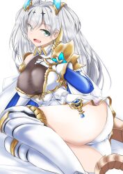 Rule 34 | 1girl, armor, armored boots, ass, azur lane, blue sleeves, boots, breasts, cleavage, dragon tail, dress, fang, gauntlets, green eyes, large breasts, long hair, long sleeves, looking at viewer, lying, microdress, on side, open mouth, panties, pauldrons, see-through, see-through dress, shoulder armor, simple background, single pauldron, sketch, smile, solo, suffren (azur lane), tail, tetsuhige, underwear, white background, white dress, white hair, white panties