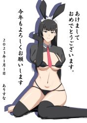 Rule 34 | 1girl, barefoot, black hair, black thighhighs, blunt bangs, breasts, check translation, chinese zodiac, closed mouth, commentary, daishido ibuki (hall onon), elbow gloves, gloves, grey eyes, hair ornament, hall onon, happy new year, highres, long hair, looking at viewer, medium breasts, mole, mole under mouth, multi-strapped bikini bottom, navel, necktie, new year, original, playboy bunny bikini, playboy bunny swimsuit, red tie, sitting, smile, solo, thighhighs, translation request, wariza, year of the rabbit