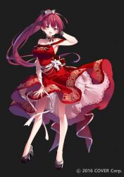 1girl bare_shoulders black_background black_footwear breasts dress full_body heterochromia high_heels high_ponytail hololive houshou_marine large_breasts long_hair official_art red_dress red_eyes red_hair riichu simple_background solo strapless strapless_dress virtual_youtuber yellow_eyes