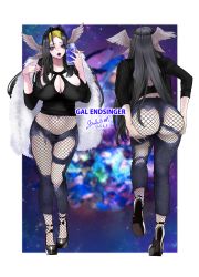 Rule 34 | 1girl, ass, black hair, breasts, cellphone, contemporary, final fantasy, final fantasy xiv, fishnet pantyhose, fishnets, head wings, high heels, highres, huge breasts, lips, long hair, multiple views, navel, ooshima ryou, pants, pantyhose, phone, silver wings, smartphone, solo, the endsinger, torn clothes, torn pants, wings, yellow eyes