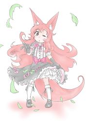 Rule 34 | 1girl, :o, absurdres, animal ears, black dress, black footwear, black gloves, blush, bow, commentary request, doitsuken, dress, fox ears, fox tail, frilled dress, frills, full body, gloves, gothic lolita, highres, kneehighs, leaf, lolita fashion, long hair, looking at viewer, neck ribbon, one eye closed, original, parted lips, pigeon-toed, pink bow, pink ribbon, red eyes, red hair, ribbon, shoes, socks, solo, standing, tail, very long hair