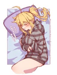 Rule 34 | 1girl, ahoge, artoria pendragon (fate), blonde hair, blush, breasts, closed eyes, fate/grand order, fate (series), grey sweater, highres, hood, hooded sweater, long hair, long sleeves, medium breasts, mitsurugi sugar, mysterious heroine x (fate), mysterious heroine xx (fate), pillow, ponytail, sidelocks, sleeping, smile, solo, striped clothes, striped sweater, sweater, thighs, translation request
