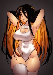 Rule 34 | 1girl, armpits, arms behind head, arms up, black hair, black hole, black sclera, breasts, cleavage, cleavage cutout, clothing cutout, colored sclera, commentary, covered erect nipples, cowboy shot, curvy, english commentary, grey background, highres, iwbitu, large breasts, leotard, long hair, looking at viewer, m87 black hole, multicolored hair, orange eyes, orange hair, original, parted lips, personification, solo, teeth, thick thighs, thighhighs, thighs, very long hair, white hair, wide hips