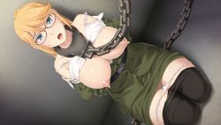 Rule 34 | 1girl, arms behind back, blonde hair, blue eyes, blush, bra, bra lift, breasts, breasts out, chain, chained, chain, clothes pull, female focus, frida berenbruch, game cg, glasses, green skirt, high ponytail, indoors, injuu no gouhou, large breasts, legs, legs together, long hair, looking at viewer, military, military uniform, nipples, open clothes, open mouth, original, panties, panty pull, pantyhose, pantyhose pull, ponytail, restrained, sakura romako, sakurajima saromako, sitting, skirt, slave, solo, thighs, underwear, uniform, wall