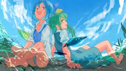 Rule 34 | 2girls, 3735geriragouki, arm support, barefoot, blue bow, blue dress, blue eyes, blue hair, blue sky, bow, buttons, cirno, collarbone, collared shirt, crossed legs, daiyousei, day, detached wings, dress, fairy wings, full body, green eyes, green hair, hair bow, highres, leaning back, looking at another, looking back, medium hair, mixed-language commentary, multiple girls, open mouth, outdoors, partially submerged, pinafore dress, puffy short sleeves, puffy sleeves, shirt, short hair, short sleeves, sitting, sky, sleeveless, sleeveless dress, teeth, touhou, upper teeth only, water, white shirt, wings
