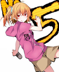 Rule 34 | 1girl, :q, blonde hair, graffiti, highres, hood, hoodie, kagerou project, kisaragi momo, red eyes, shichouson, short hair, side ponytail, solo, spray can, tongue, tongue out