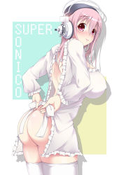 Rule 34 | 1girl, apron, ass, blush, breasts, from behind, headphones, huge breasts, impossible clothes, kappougi, large breasts, looking at viewer, looking back, melopun, naked apron, nitroplus, no panties, pink hair, red eyes, solo, super sonico, thighhighs, white thighhighs
