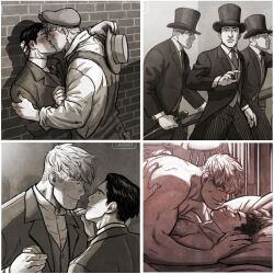 Rule 34 | 5boys, alternate universe, bara, black hair, blonde hair, blush, cane, chest hair, closed eyes, collage, couple, cris art, eye contact, facial hair, fanfic, formal, greyscale, hat, head on another&#039;s shoulder, holding, holding cane, holding clothes, holding hands, holding hat, hulkling, husband and husband, imminent kiss, kiss, looking at another, lying, male focus, marvel, monochrome, multiple boys, muscular, muscular male, nude, on back, on bed, on person, pectorals, second-party source, short hair, sideburns, sideburns stubble, smile, spot color, stubble, suit, thick eyebrows, top hat, unworn hat, unworn headwear, upper body, wiccan, yaoi