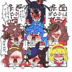 Rule 34 | 6+girls, alice margatroid, angry, animal ears, animal print, black hair, blonde hair, blue hair, blue hat, blush, blushing girls are cute (template), bow, bowler hat, brown eyes, capelet, chibi, clenched hands, closed eyes, closed mouth, commentary request, crossover, danpey, ear covers, ear scrunchie, fang, frilled hairband, frills, frown, green bow, hair between eyes, hair bow, hair ornament, hair over one eye, hairband, hairclip, hat, highres, hishi amazon (umamusume), horse ears, horse girl, jacket, long bangs, long hair, looking at another, looking to the side, medium bangs, medium hair, mejiro palmer (umamusume), multiple drawing challenge, multiple girls, necktie, nice nature (umamusume), nose blush, odd one out, open mouth, red hairband, red necktie, rice shower (umamusume), sakura bakushin o (umamusume), sharp teeth, short hair, smile, teeth, tiger print, touhou, track jacket, translation request, twin turbo (umamusume), umamusume, upper body, v-shaped eyebrows, white background, white capelet, yellow eyes, yellow hairband, zipper
