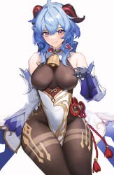 Rule 34 | 1girl, absurdres, bare shoulders, bell, blue hair, bodystocking, bodysuit, breasts, detached sleeves, ganyu (genshin impact), genshin impact, gloves, highres, horns, large breasts, long sleeves, looking at viewer, purple eyes, smile, solo, thick thighs, thighs, tunamayo (dsasd751), white background, wide hips