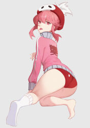 Rule 34 | 1girl, arm support, ass, beret, buruma, eyelashes, feathers, from behind, full body, gym uniform, hair between eyes, hair up, hat, hat feather, highres, jacket, jakuzure nonon, jiaotache, kill la kill, knees together feet apart, legs, long sleeves, looking at viewer, looking back, no shoes, pink eyes, pink hair, pink jacket, red buruma, red hat, shiny clothes, sidelocks, simple background, single barefoot, single sock, single vertical stripe, skull print, socks, soles, solo, teasing, thighs, tongue, tongue out, track jacket, translated, white background, white feathers, white socks