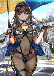 Rule 34 | 1girl, black bodysuit, black gloves, bodystocking, bodysuit, breasts, brown hair, collarbone, covered navel, cowboy shot, eyewear on head, fingerless gloves, gloves, highres, holding, holding umbrella, jacket, large breasts, long hair, looking at viewer, open clothes, open jacket, original, parasol, parted lips, race queen, ran&#039;ou (tamago no kimi), see-through, see-through bodysuit, skin tight, smile, solo, sunglasses, teeth, two-tone bodysuit, umbrella, white jacket
