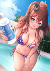 Rule 34 | 1girl, absurdres, american flag bikini, awa yume, bikini, blue eyes, blue sky, bottle, brown hair, cloud, collarbone, commentary request, cowboy shot, day, dutch angle, fence, flag print, highres, kantai collection, navel, outdoors, ponytail, pool, saratoga (kancolle), side-tie bikini bottom, side ponytail, sidelocks, sky, smokestack hair ornament, solo, swimsuit, thigh gap