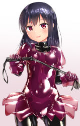 Rule 34 | 1girl, black hair, bodysuit, bodysuit under clothes, breasts, commentary request, dress, gloves, gradient background, highres, latex, latex bodysuit, latex dress, latex gloves, long hair, looking at viewer, naka (cheeseyeast), original, puffy sleeves, red eyes, see-through, shiny clothes, skin tight, small breasts, smile, solo, whip, white background