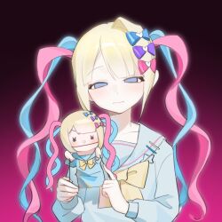 Rule 34 | 1girl, blonde hair, blue bow, blue eyes, blue hair, blue shirt, bow, chouzetsusaikawa tenshi-chan, closed mouth, empty eyes, expressionless, fuhuo de pijiu, gradient background, hair bow, hair ornament, hand puppet, heart, heart hair ornament, highres, holding, long hair, long sleeves, looking at viewer, multicolored hair, multiple hair bows, needy girl overdose, pink background, pink bow, pink hair, puppet, purple bow, quad tails, sailor collar, shirt, solo, twintails, upper body, yellow bow
