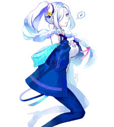 Rule 34 | 1girl, black jacket, black pants, blue eyes, blue nails, braid, breasts, genshin impact, hair ribbon, highres, holding, holding own hair, jacket, large breasts, long hair, long sleeves, looking at viewer, low-braided long hair, low-tied long hair, musical note, nail polish, off shoulder, official alternate costume, open clothes, open jacket, pants, parted lips, red ribbon, ribbon, shenhe (genshin impact), simple background, solo, spoken musical note, tatata taira, very long hair, white background, white hair