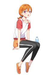 Rule 34 | 1girl, :o, blush, bottle, collarbone, deadnooodles, from side, hair between eyes, highres, love live!, love live! superstar!!, medium hair, open mouth, orange hair, orange shorts, pants, pantyhose, pantyhose under shorts, purple eyes, shibuya kanon, shirt, shoes, short ponytail, short shorts, short sleeves, shorts, simple background, single bare shoulder, sitting, sneakers, solo, sportswear, strap, sweat, sweatdrop, t-shirt, water bottle, white background, yoga pants