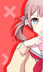 Rule 34 | blue eyes, blunt bangs, brown hair, cardigan, commentary request, hair ornament, hair scrunchie, highres, index finger raised, long sleeves, looking at viewer, miyamasuzaka girls&#039; academy school uniform, mochizuki honami, musical note, neckerchief, open mouth, project sekai, red background, red neckerchief, sailor collar, school uniform, scrunchie, side ponytail, teneko02, upper body, x