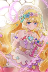 Rule 34 | 1girl, blonde hair, blue eyes, bridal veil, commentary request, cure finale, cure finale (party up style), delicious party precure, dress, elbow gloves, gloves, head wreath, high ponytail, highres, kasai amane, long hair, magical girl, moro precure, precure, sidelocks, smile, solo, strapless, strapless dress, veil, white gloves, wide ponytail