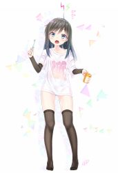 Rule 34 | 1girl, alternate costume, arm warmers, asashio (kancolle), black hair, black thighhighs, blue eyes, blue panties, commentary request, cup, full body, gotou hisashi, highres, kantai collection, long hair, mug, open mouth, panties, shirt, solo, standing, t-shirt, thighhighs, toothbrush, underwear