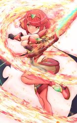 Rule 34 | 1girl, aegis sword (xenoblade), backkee, black gloves, bob cut, feet out of frame, fingerless gloves, fire, gloves, highres, holding, holding sword, holding weapon, nintendo, orange eyes, pantyhose, pantyhose under shorts, pyra (xenoblade), red hair, red shorts, red thighhighs, short hair, short shorts, shorts, simple background, solo, standing, standing on one leg, super smash bros., swept bangs, sword, thighhighs, tiara, weapon, white background, xenoblade chronicles (series), xenoblade chronicles 2