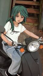 1girl black_footwear blue_pants breasts brown_eyes casual commentary denim dress_shirt green_hair hair_tie highres jeans jewelry looking_at_viewer loose_hair_strand low_twintails messy_hair motor_vehicle motorcycle necklace on_scooter on_vehicle open_mouth original pants riding russian_commentary russian_text sasha_(servachok) scenery scooter servachok shirt shoes short_sleeves small_breasts solo stairs swept_bangs t-shirt translation_request twintails white_shirt