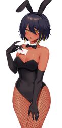 Rule 34 | 1girl, :o, absurdres, agamemega, animal ears, bare shoulders, black bow, black bowtie, black gloves, blue hair, blush, bow, bowtie, breasts, card, chinese commentary, detached collar, elbow gloves, fake animal ears, fishnets, gloves, highres, holding, holding card, leotard, looking at viewer, multicolored hair, open mouth, original, playboy bunny, playing card, rabbit ears, short hair, simple background, solo, streaked hair, thighs, tongue, translated, white background, yellow eyes