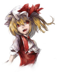 Rule 34 | 1girl, ascot, blonde hair, brooch, fangs, female focus, flandre scarlet, hat, hat ribbon, highres, jewelry, maz (fanxuying), open mouth, red eyes, ribbon, side ponytail, smile, solo, embodiment of scarlet devil, touhou, upper body