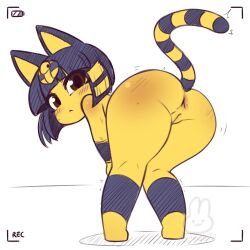 Rule 34 | 1girl, :&lt;, animal crossing, animal ears, ankha (animal crossing), anus, artist name, ass, ass focus, ass shake, body fur, brown eyes, bunnybits, cat ears, cat girl, cat tail, cleft of venus, colored skin, commentary, egyptian, english commentary, from behind, furry, furry female, hair ornament, highres, huge ass, looking at viewer, looking back, nintendo, pussy, recording, simple background, snake hair ornament, striped tail, tail, thick thighs, thighs, uraeus, viewfinder, watermark, white background, wide hips, yellow fur, yellow skin