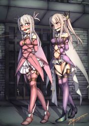 Rule 34 | absurdres, arms behind back, ball gag, bdsm, bit gag, bondage, boots, bound, breasts, cape, clothing cutout, collar, crotch rope, dated, dual persona, dungeon, fate/kaleid liner prisma illya, fate (series), gag, gagged, highres, illyasviel von einzbern, leash, linked collar, long hair, looking back, metal collar, navel, navel cutout, prisma illya, rope, shibari, shibari over clothes, signature, slave, small breasts, thigh boots, thigh strap, thighhighs, wiffle gag, zsy (zsy433)