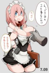 Rule 34 | 1girl, apron, aqua eyes, bare shoulders, blush, grabbing another&#039;s breast, breasts, cleavage, collar, fang, grabbing, large breasts, maid, maid apron, maid headdress, open mouth, original, pink hair, short hair, solo focus, sweat, takagi (tansuke), tansuke, translation request