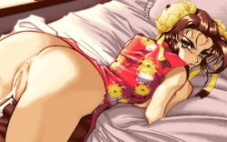 Rule 34 | 1girl, 4bpp, aftersex, angry, anus, ass, bed, bun cover, china dress, chinese clothes, cum, cum in pussy, dress, game cg, hair bun, looking back, lying, pc98, pussy, retro artstyle, single hair bun, solo, uncensored