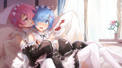 Rule 34 | 10s, 2girls, apron, bare shoulders, bed, bed sheet, black dress, blue eyes, blue hair, blunt bangs, blush, grabbing another&#039;s breast, breasts, bzerox, cleavage, cup, curtains, cushion, detached collar, detached sleeves, dress, eye contact, grabbing, hair ornament, hair over one eye, hairclip, incest, indoors, kissing ear, looking at another, maid, maid headdress, multiple girls, open mouth, pink eyes, pink hair, ram (re:zero), re:zero kara hajimeru isekai seikatsu, rem (re:zero), short hair, siblings, sisters, sitting, sitting on person, spilling, sunlight, tea, teacup, thighhighs, twincest, twins, waist apron, wavy mouth, white legwear, wide sleeves, window, x hair ornament, yuri