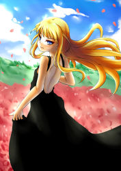 Rule 34 | 00s, 1girl, ast exception, back, backless dress, backless outfit, bare back, black dress, blonde hair, blue eyes, cherry blossoms, dress, evangeline a.k. mcdowell, flat chest, fuyutsuki asuto, long hair, mahou sensei negima!, solo, vampire
