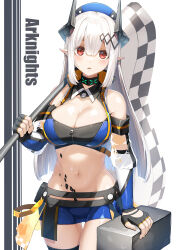 Rule 34 | 1girl, absurdres, arknights, bagpipe (arknights), bagpipe (arknights) (cosplay), bagpipe (queen no. 1) (arknights), bare shoulders, black choker, black gloves, black horns, blue hat, blue shirt, blue shorts, breasts, checkered flag, choker, cleavage, commentary request, copyright name, cosplay, cowboy shot, crop top, detached sleeves, eyes visible through hair, fingerless gloves, fingernails, flag, gloves, groin, hair between eyes, hair ornament, hammer, hat, highres, holding, holding flag, horns, infection monitor (arknights), large breasts, long hair, looking at viewer, material growth, meth (emethmeth), micro shorts, midriff, mudrock (arknights), navel, official alternate costume, oripathy lesion (arknights), parted lips, pointy ears, race queen, red eyes, see-through, shirt, short shorts, shorts, showgirl skirt, sidelocks, sleeveless, sleeveless shirt, solo, standing, stomach, thigh gap, thighs, white background, white hair