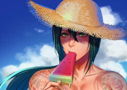 Rule 34 | bishounen, black hair, fate/grand order, fate (series), food, fruit, green eyes, hat, looking away, male focus, melting, ponytail, popsicle, solo, sun hat, syaofoo, tattoo, watermelon, yan qing (fate)