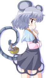 Rule 34 | 1girl, animal ears, basket, female focus, geetsu, grey hair, mouse (animal), mouse ears, mouse tail, nazrin, red eyes, short hair, simple background, solo, tail, touhou
