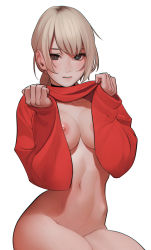Rule 34 | 1girl, aconitea, black eyes, blonde hair, bottomless, breasts, choker, clothes lift, cowboy shot, highres, medium breasts, navel, nipples, original, parted lips, shirt lift, sleeves past wrists, solo, sweater, white background