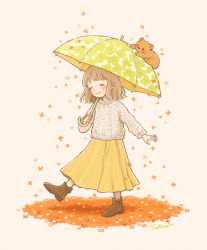 Rule 34 | 1girl, ^ ^, animal, artist name, autumn, autumn leaves, brown footwear, cable knit, closed eyes, falling leaves, floral print, happy, highres, leaf, light brown hair, long sleeves, original, osmanthus, shoes, short hair, simple background, skirt, smile, standing, standing on one leg, sweater, tokoyu, two-tone umbrella, umbrella, white background, white sweater, white umbrella, yellow skirt, yellow umbrella