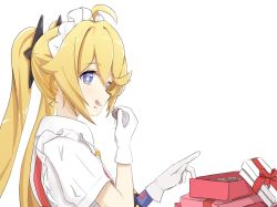 Rule 34 | 1girl, :p, ahoge, alternate costume, blonde hair, blue eyes, box, box of chocolates, chocolate, clear (djmax), djmax, djmax respect, eating, food, food on face, from side, gift, gift box, gloves, hair ornament, hand up, highres, light blush, long hair, looking at viewer, maid headdress, pointing, shirt, short sleeves, smile, solo, soojoo h, tongue, tongue out, transparent background, twintails, upper body, valentine, white gloves, white shirt