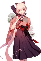 Rule 34 | 1girl, arm behind back, arm up, artist name, black gloves, blonde hair, bow, braid, breasts, chinese text, choker, closed mouth, eyes visible through hair, floral print, flower, girls&#039; frontline, gloves, hair bow, hair ribbon, hakama, hakama short skirt, hakama skirt, half gloves, hand on own chest, high-waist skirt, highres, japanese clothes, long hair, looking at viewer, official alternate costume, ots-14 (flurry of petals) (girls&#039; frontline), ots-14 (girls&#039; frontline), pink hair, ribbon, ribbong, skirt, smile, sobi (dnenqkswja), solo, thighhighs, twitter username, very long hair, wide sleeves, yellow eyes
