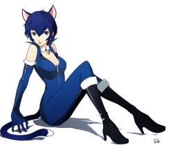 Rule 34 | 1girl, alternate costume, animal ears, blue eyes, blue hair, boots, breasts, cat ears, cat tail, catsuit, cleavage, dh (brink of memories), duplicate, elbow gloves, full-length zipper, gloves, halloween costume, high heel boots, high heels, kemonomimi mode, knee boots, looking at viewer, matching hair/eyes, md5 mismatch, medium breasts, official style, persona, persona 4, revision, scarf, shirogane naoto, short hair, signature, sitting, solo, tail, zipper