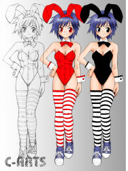 Rule 34 | alternate color, animal ears, black eyes, blue hair, fake animal ears, leotard, maguta, maguta (c-arts), outline, playboy bunny, rabbit ears, red eyes, shoes, short hair, sneakers, striped clothes, striped legwear, striped thighhighs, thighhighs