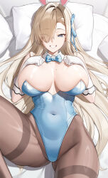 Rule 34 | 1girl, absurdres, animal ears, asuna (blue archive), asuna (bunny) (blue archive), bed sheet, blue archive, blue eyes, blue leotard, bow, bowtie, breasts, breasts apart, brown pantyhose, detached collar, fake animal ears, gloves, gluteal fold, grin, hair over one eye, highres, large breasts, leotard, long hair, looking at viewer, lying, mole, mole on breast, official alternate costume, on back, pantyhose, pillow, playboy bunny, rabbit ears, samart, smile, solo, teeth, thighband pantyhose, white gloves