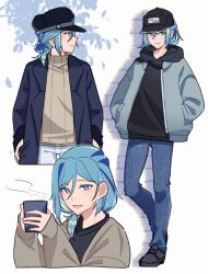 Rule 34 | 1boy, :d, alternate costume, aqua hair, baseball cap, black headwear, closed mouth, commentary request, creatures (company), cup, game freak, grusha (pokemon), hands in pockets, hat, highres, holding, holding cup, hood, hood down, hoodie, jacket, long sleeves, male focus, mocacoffee 1001, multiple views, nintendo, open clothes, open jacket, open mouth, pants, pokemon, pokemon sv, shoes, signature, sleeves past wrists, smile, steam, sweater